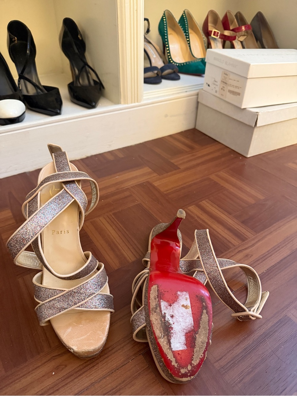 Louboutin Strappy Glitter High Heel Sandals in Gold/multicolor